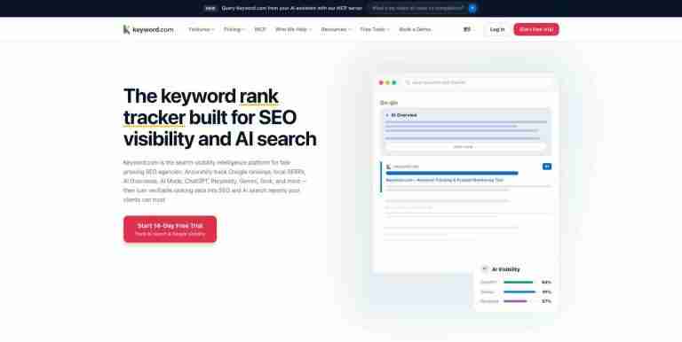 Strona główna Keyword.com z widżetem AI Visibility i ofertą skierowaną do agencji.
