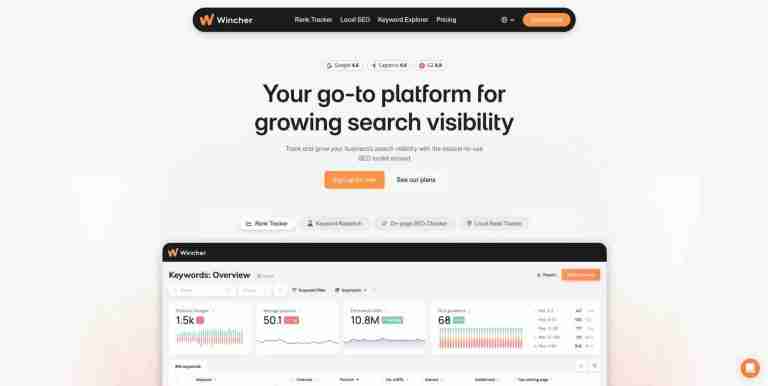 Strona główna Winchera z nagłówkiem „Your go-to platform for growing search visibility” i podglądem pulpitu z pozycjami.
